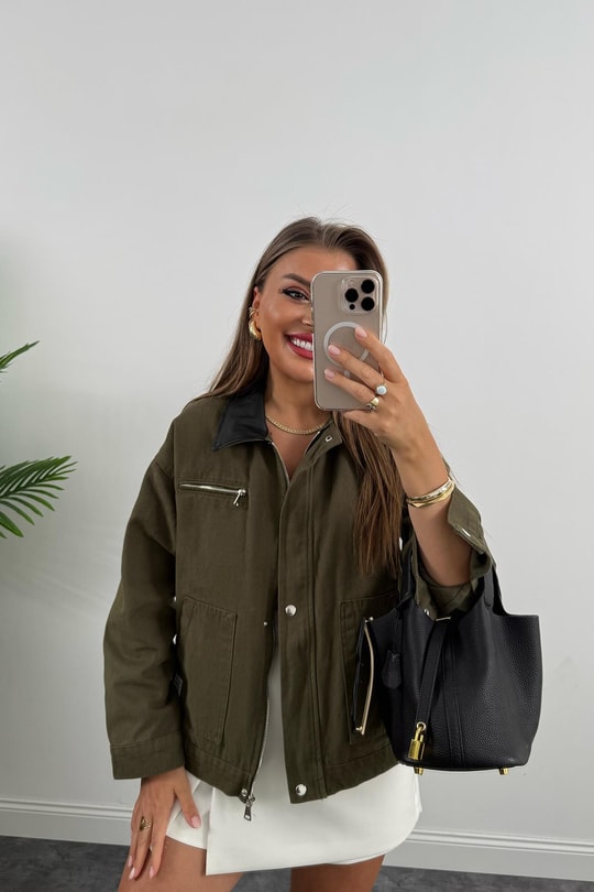 Marka Model Yaka Kontrast Gabardin Ceket Haki