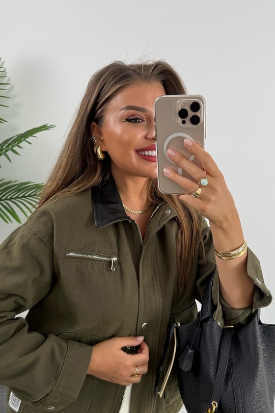 Marka Model Yaka Kontrast Gabardin Ceket Haki