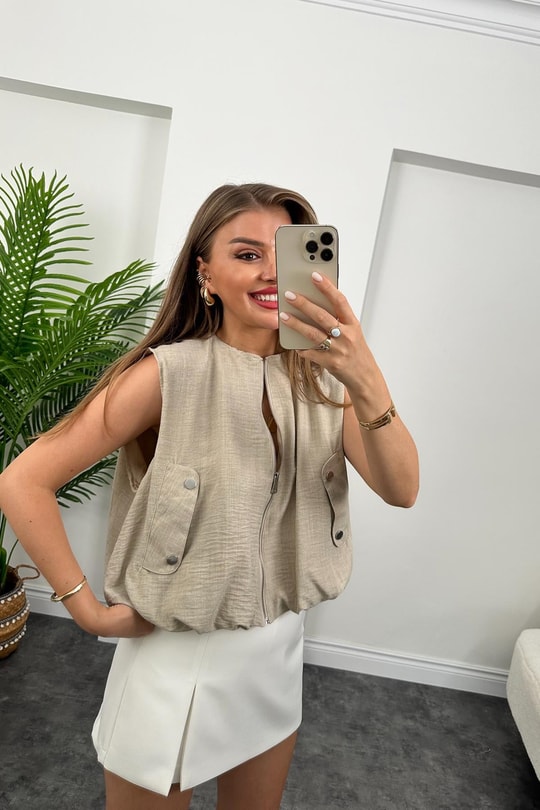 Marka Model Yazlık Keten Kumaş Bomber Yelek  Taş