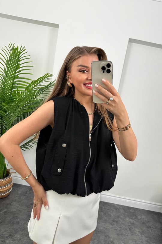 Marka Model Yazlık Keten Kumaş Bomber Yelek Siyah