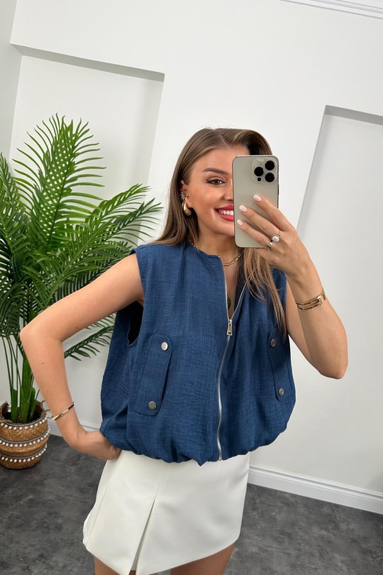 Marka Model Yazlık Keten Kumaş Bomber Yelek İndigo