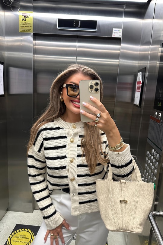 Massi Model Gold Düğmeli Çizgili Marin Hırka Krem