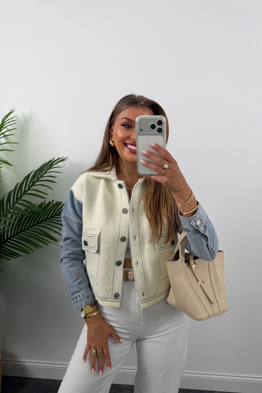 Massi Model Kolu Jean Yumoş Triko Ceket Krem
