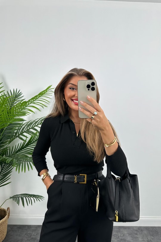 Massi Model Lüx Kalite Polo Yaka İnce Triko Bluz Siyah