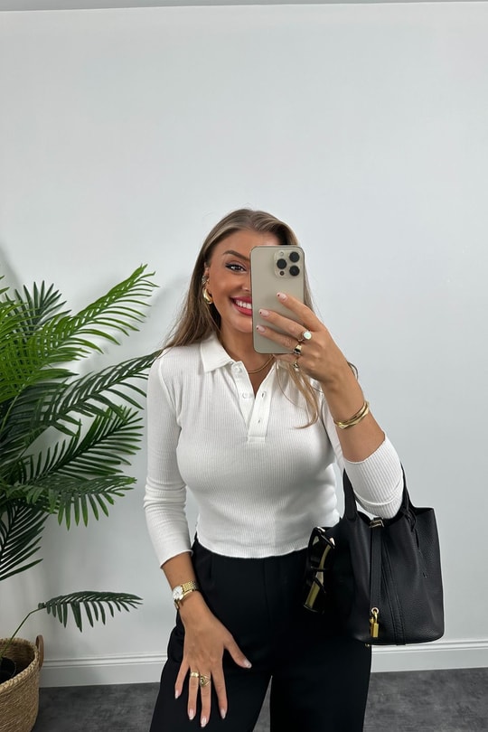 Massi Model Lüx Kalite Polo Yaka İnce Triko Bluz Beyaz