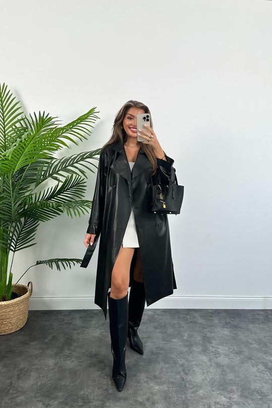 Massi Model Premium Seri İthal  Vegan Deri Uzun Trençkot