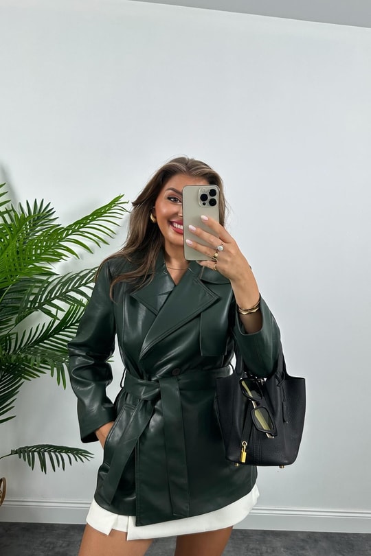 Massi Model Premium Seri Vegan Deri Orta Boy Trençkot Yeşil
