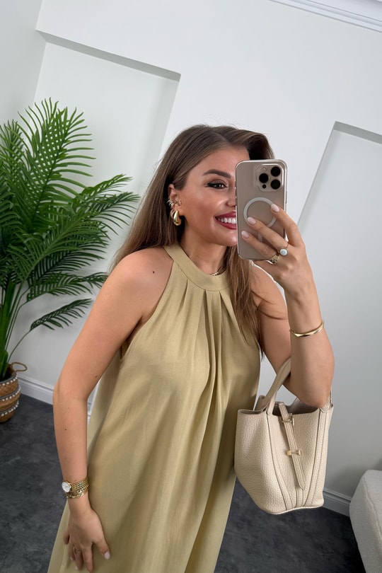 Massi Model Reklam Kol Salaş Keten Elbise Sarı