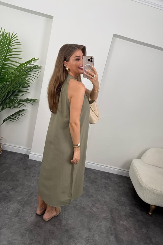 Massi Model Reklam Kol Salaş Keten Elbise Haki