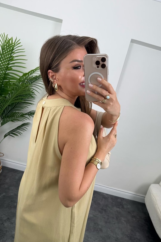 Massi Model Reklam Kol Salaş Keten Elbise Sarı