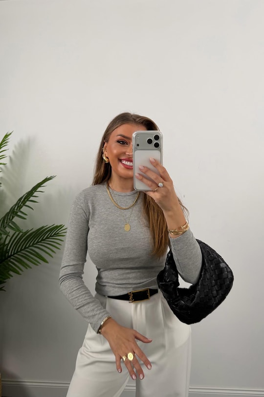 Massi Model Tam Pamuklu Soft Touch Likralı Basic Body Gri Melanj