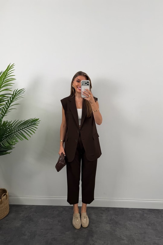 Massi Model Yelek Pantolon Takım Kahverengi