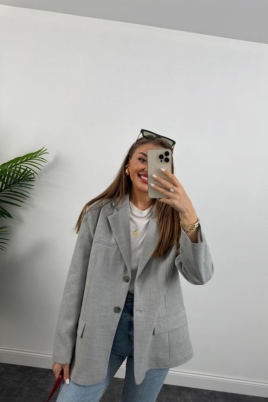 Massimo Kumaş Premium Kalite Pintarest Blazer Bf Ceket Gri