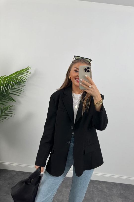 Massimo Kumaş Premium Kalite Pintarest Blazer Bf Ceket Siyah