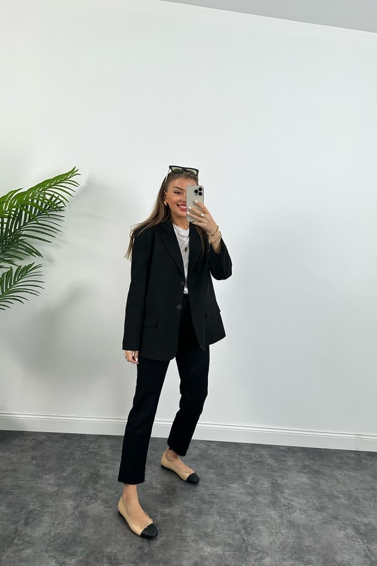 Massimo Kumaş Premium Kalite Pintarest Blazer Bf Ceket Siyah