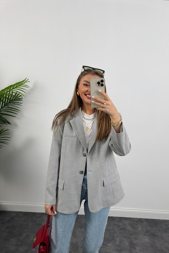 Massimo Kumaş Premium Kalite Pintarest Blazer Bf Ceket Gri