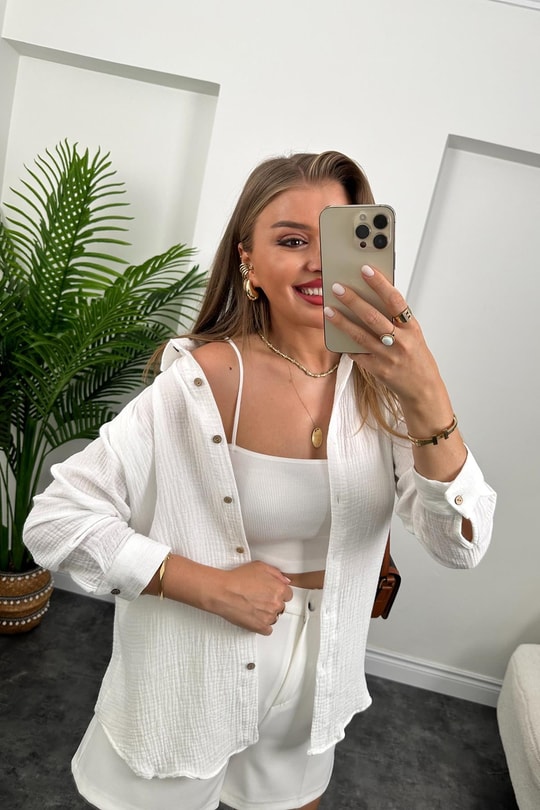 Massimo Model Ahşap Düğmeli Müslin Gömlek Beyaz 