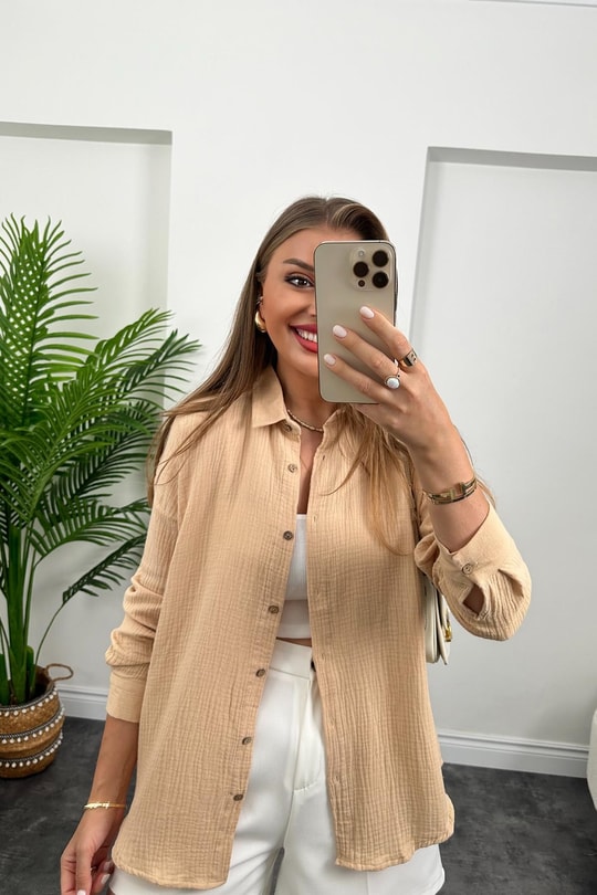 Massimo Model Ahşap Düğmeli Müslin Gömlek Taş