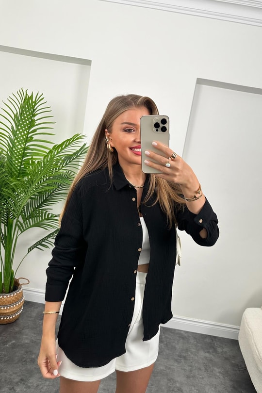Massimo Model Ahşap Düğmeli Müslin Gömlek Siyah
