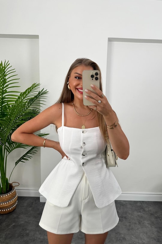 Massimo Model Lüx Kalite İp Askılı Keten Yelek Beyaz 