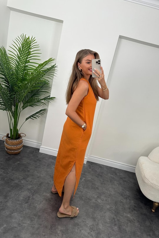 Massimo Model Maxi Keten Elbise Oranj