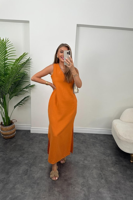 Massimo Model Maxi Keten Elbise Oranj