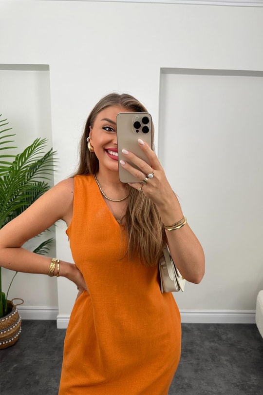 Massimo Model Maxi Keten Elbise Oranj