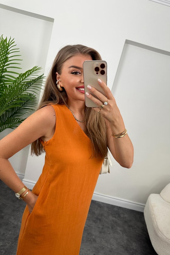 Massimo Model Maxi Keten Elbise Oranj
