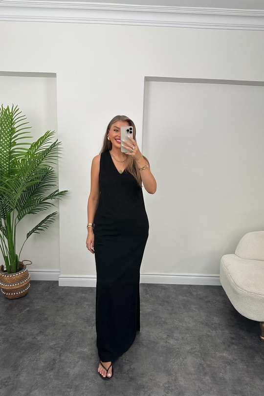 Massimo Model Maxi Keten Elbise Siyah