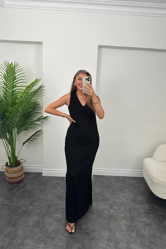 Massimo Model Maxi Keten Elbise Siyah