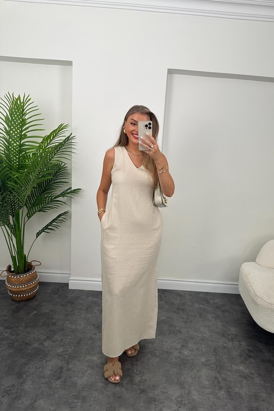 Massimo Model Maxi Keten Elbise Taş