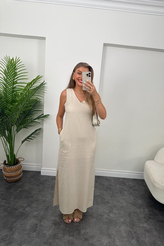 Massimo Model Maxi Keten Elbise Taş
