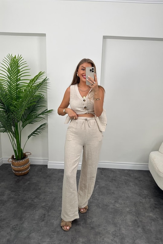 Massimo Model Naturel Kumaş Yırtmaçlı Yelek Palazzo Takım