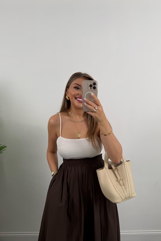 Maxi Boy Beli Kalın Lastikli Basic Kloş Poplin Etek Kahverengi