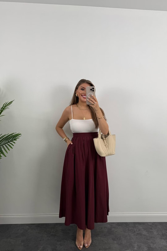 Maxi Boy Beli Kalın Lastikli Basic Kloş Poplin Etek Bordo