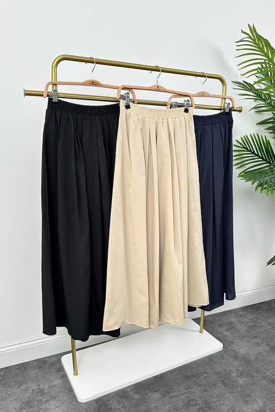 Maxi Boy Beli Kalın Lastikli Basic Kloş Poplin Etek Lacivert