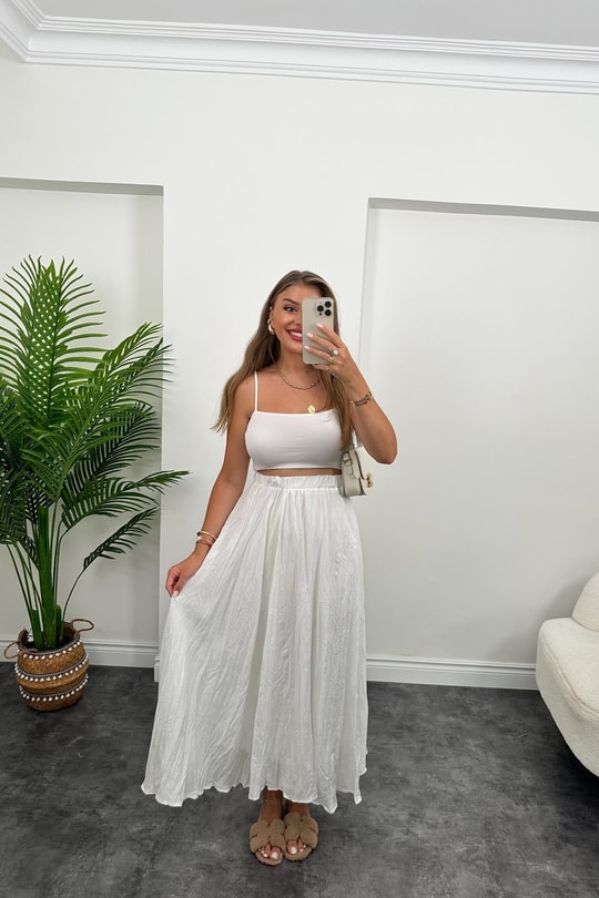 Maxi Boy Beli Lastikli Uçuş Etek Beyaz