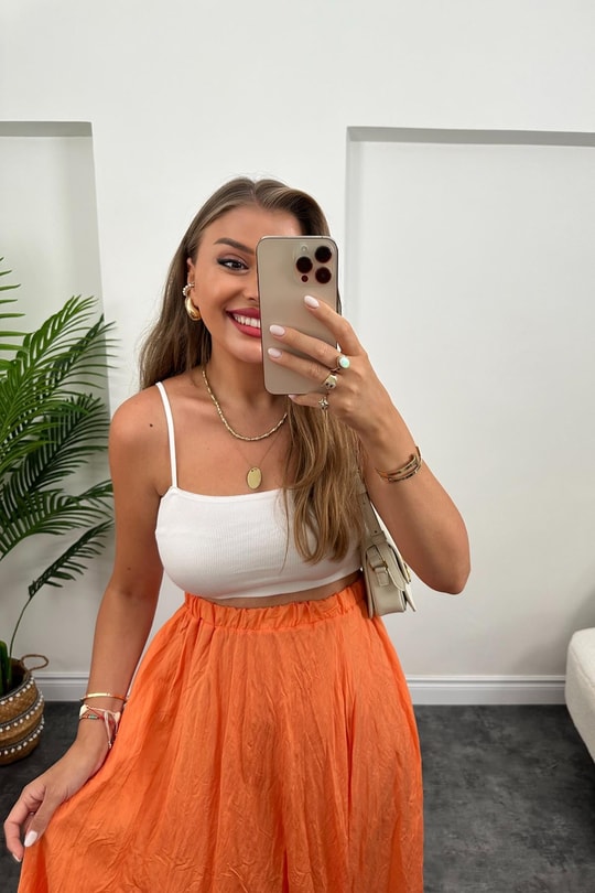 Maxi Boy Beli Lastikli Uçuş Etek Oranj