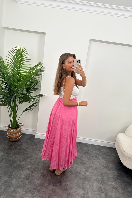 Maxi Boy Beli Lastikli Uçuş Etek Pembe