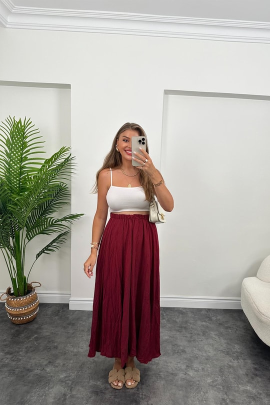 Maxi Boy Beli Lastikli Uçuş Etek Vişne