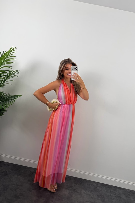 Mng Model Tasarım Renkli Maxi Tül Elbise
