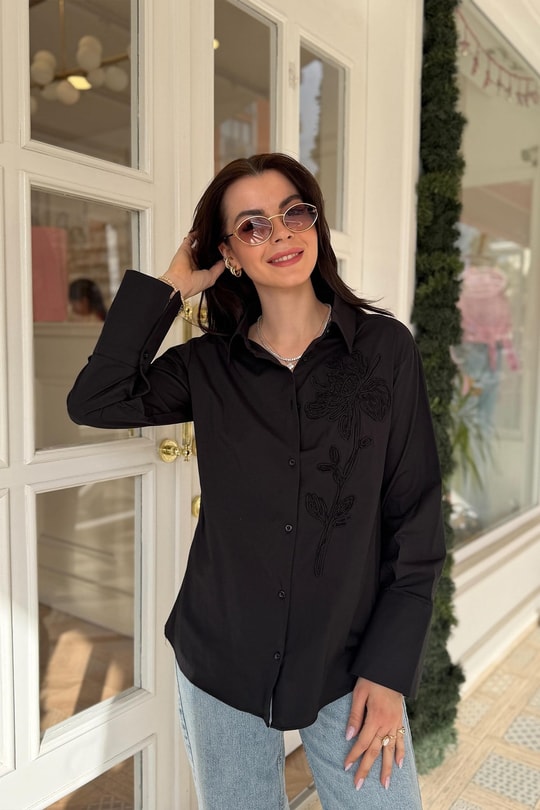 Mng Önü Nakışlı %100 Pamuk Poplin Gömlek Siyah