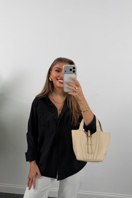 Mng Önü Nakışlı %100 Pamuk Poplin Gömlek Siyah