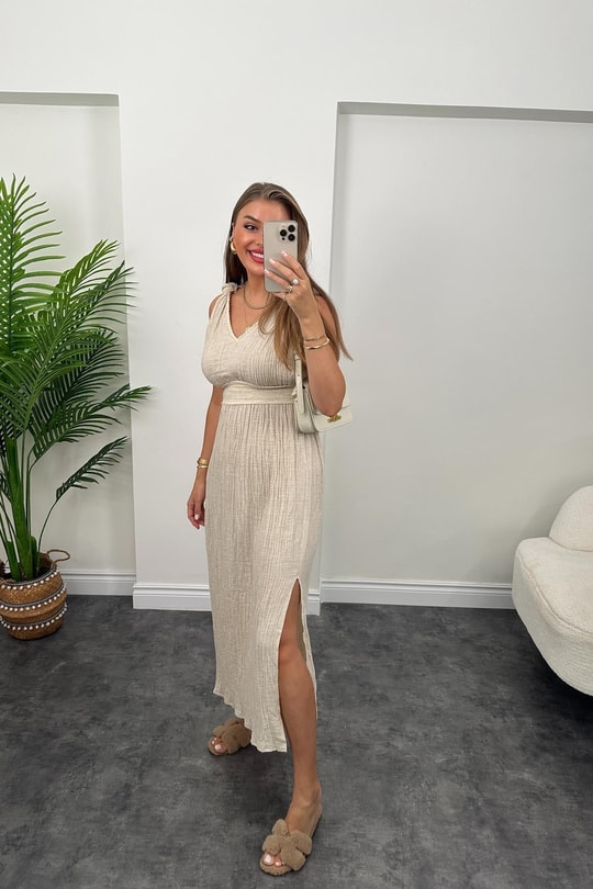Omuzları Düğümlü %100 Pamuk Keten Maxi Helen Elbise Taş