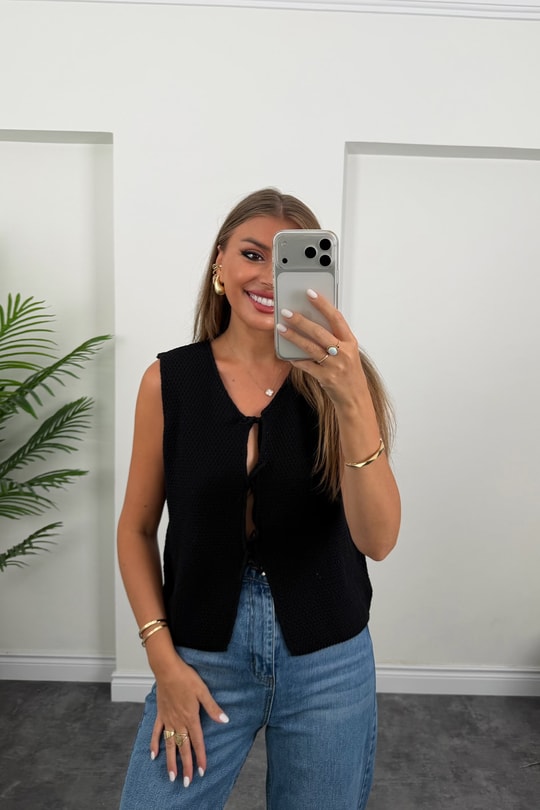 Önü Bağlamalı Triko Bluz Siyah