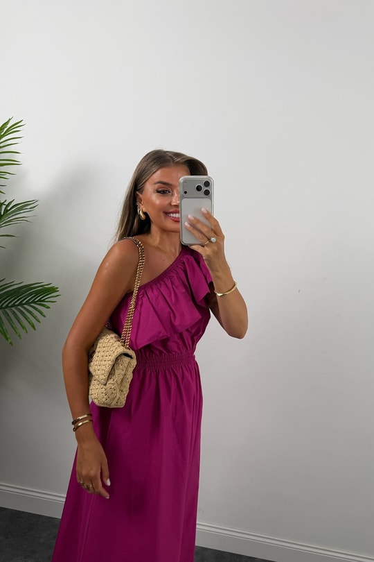 Orjinal Marka Mng Tek Omuz Maxi Kloş Elbise Fuşya