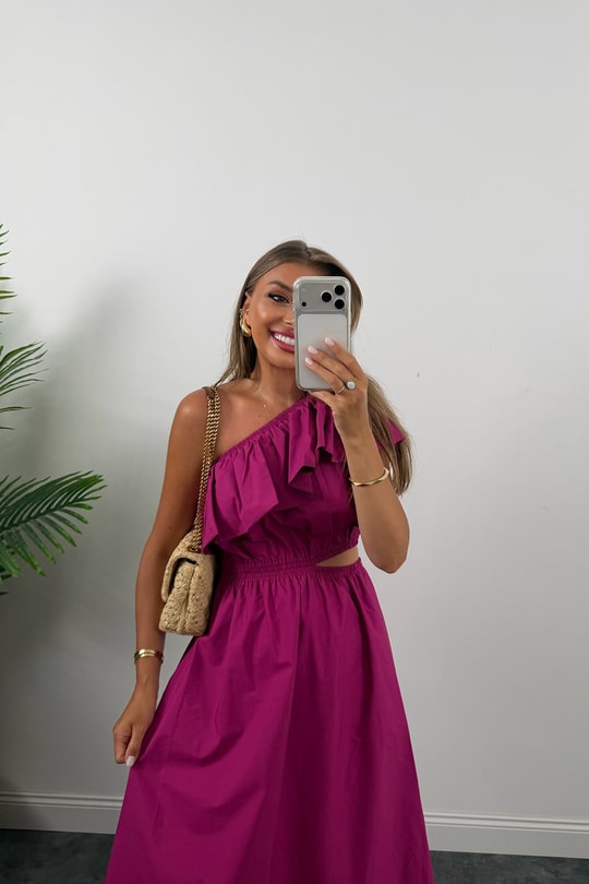 Orjinal Marka Mng Tek Omuz Maxi Kloş Elbise Fuşya