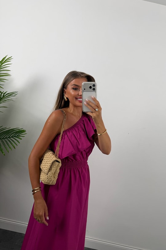 Orjinal Marka Mng Tek Omuz Maxi Kloş Elbise Fuşya