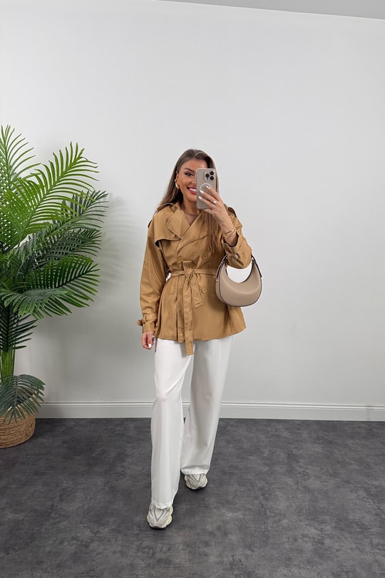 Orta Boy Astarlı Basic Trençkot Camel