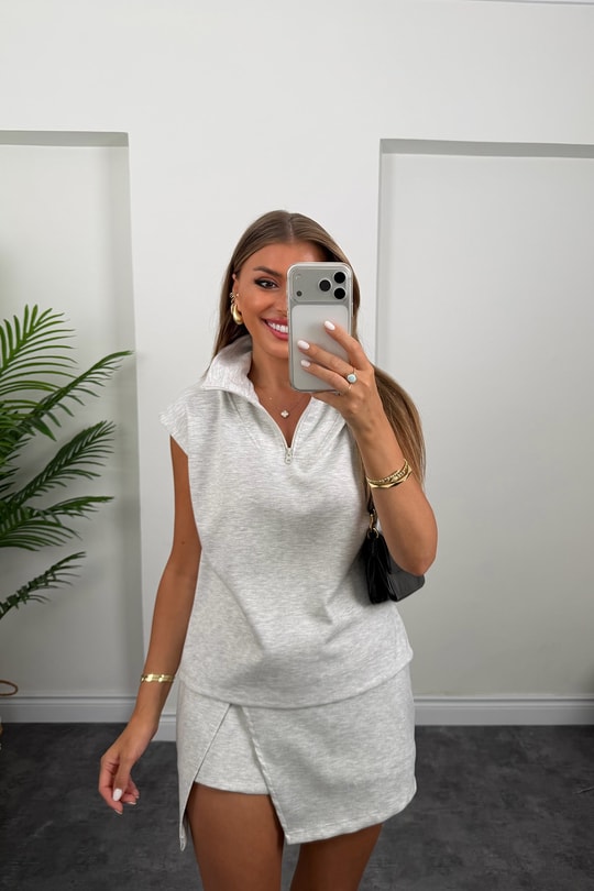 Oyhs Kumaş Şort Etek Bluz Likralı Takım Gri Melanj